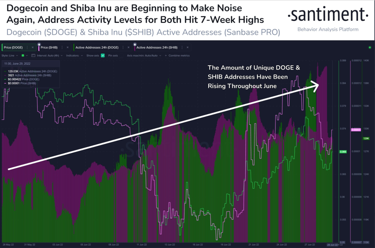 Whatever your opinion may be on #Dogecoin and #ShibaInu, it appears as though they are each showing notable increases in network activity. Over the past 10 days especially, $DOGE (+32%) and $SHIB (+35%) have seen many returning network interactions.