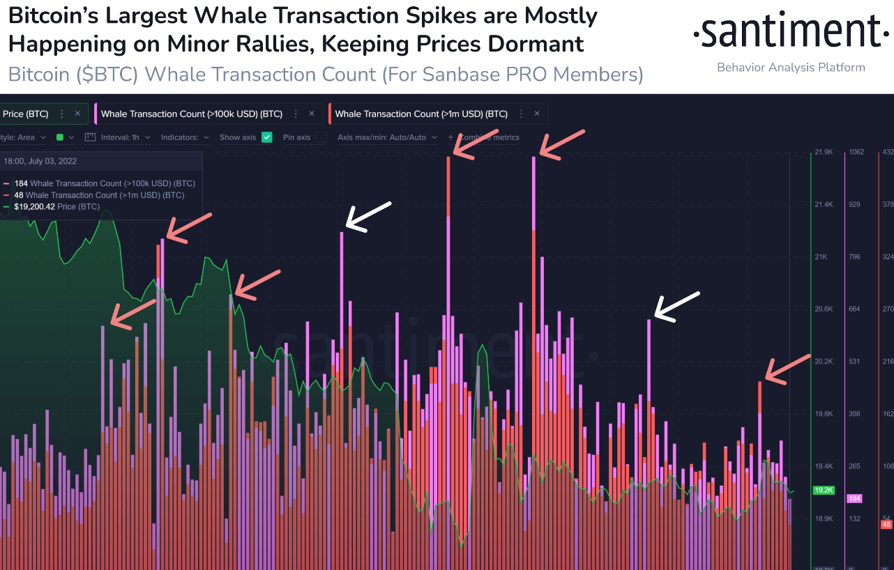 The vast majority of the largest spikes in #Bitcoin￼ whale transactions over the past week are occurring after small $100 to $200 $BTC price gains. Prices have subsequently fallen after each of these temporary increases in $100k+ or $1m+ transactions.