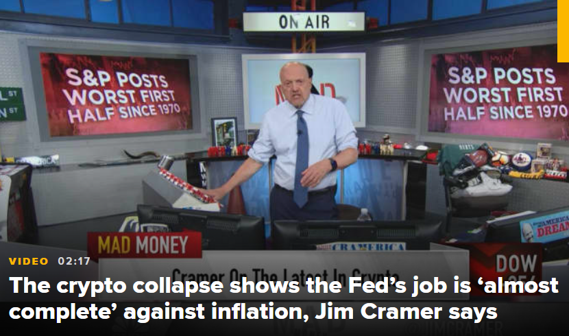 The crypto collapse shows the Fed’s job is ‘almost complete’ against inflation, Jim Cramer says- Sự sụp đổ tiền điện tử cho thấy công việc của Fed 'gần như hoàn thành' chống lại lạm phát, Jim Cramer nói