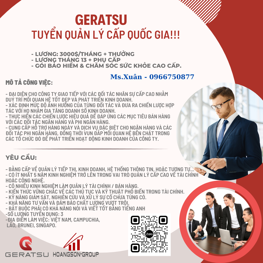 💢GERATSU VIETNAM TUYỂN DỤNG QUẢN LÝ QUỐC GIA💢